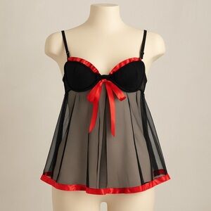 Victoria's Secret Black Red Mesh Babydoll Lingerie 34C